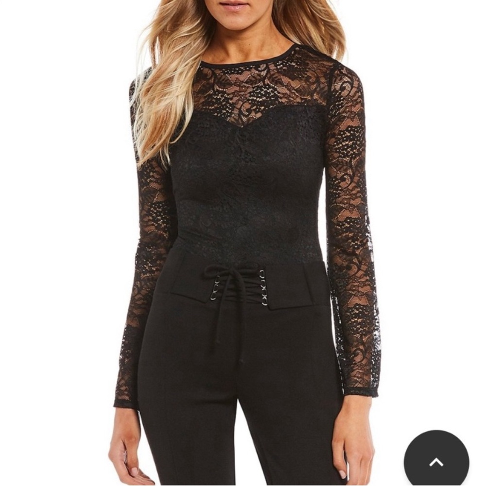 NWT‎ I.N San Francisco Black Lace Long Sleeve Back Tie Bodysuit Size M Romantic